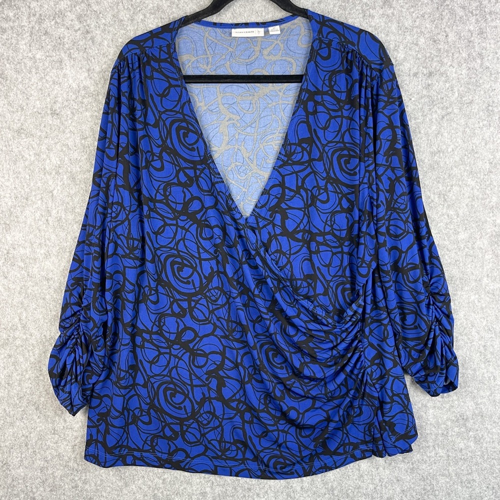 Susan Graver Liquid Knit Top Womens 2X Blue Abstract Faux Wrap Ruched Slinky